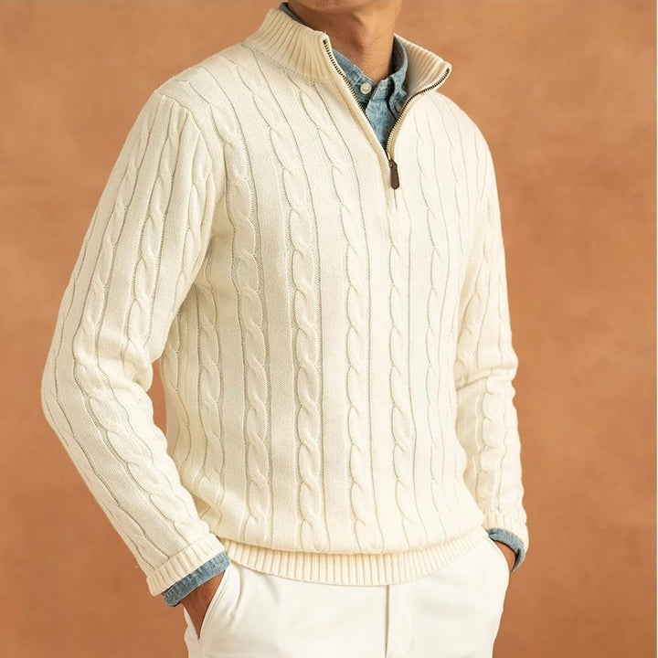 Men's Cable Knit Quarter Zip Jumper – Axiom in Cream, three-quarter view
