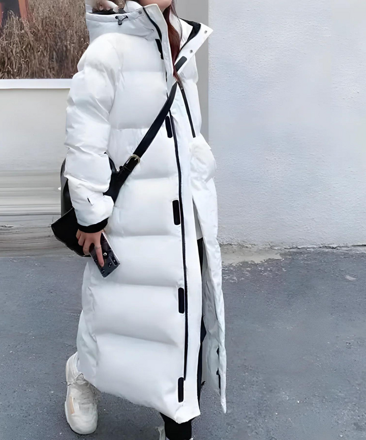 Grassington women's longline down puffer coat in White – side view