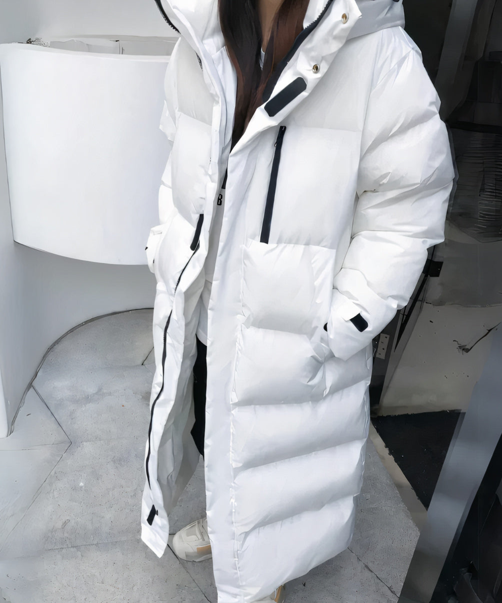 Grassington women's longline down puffer coat in White – front view