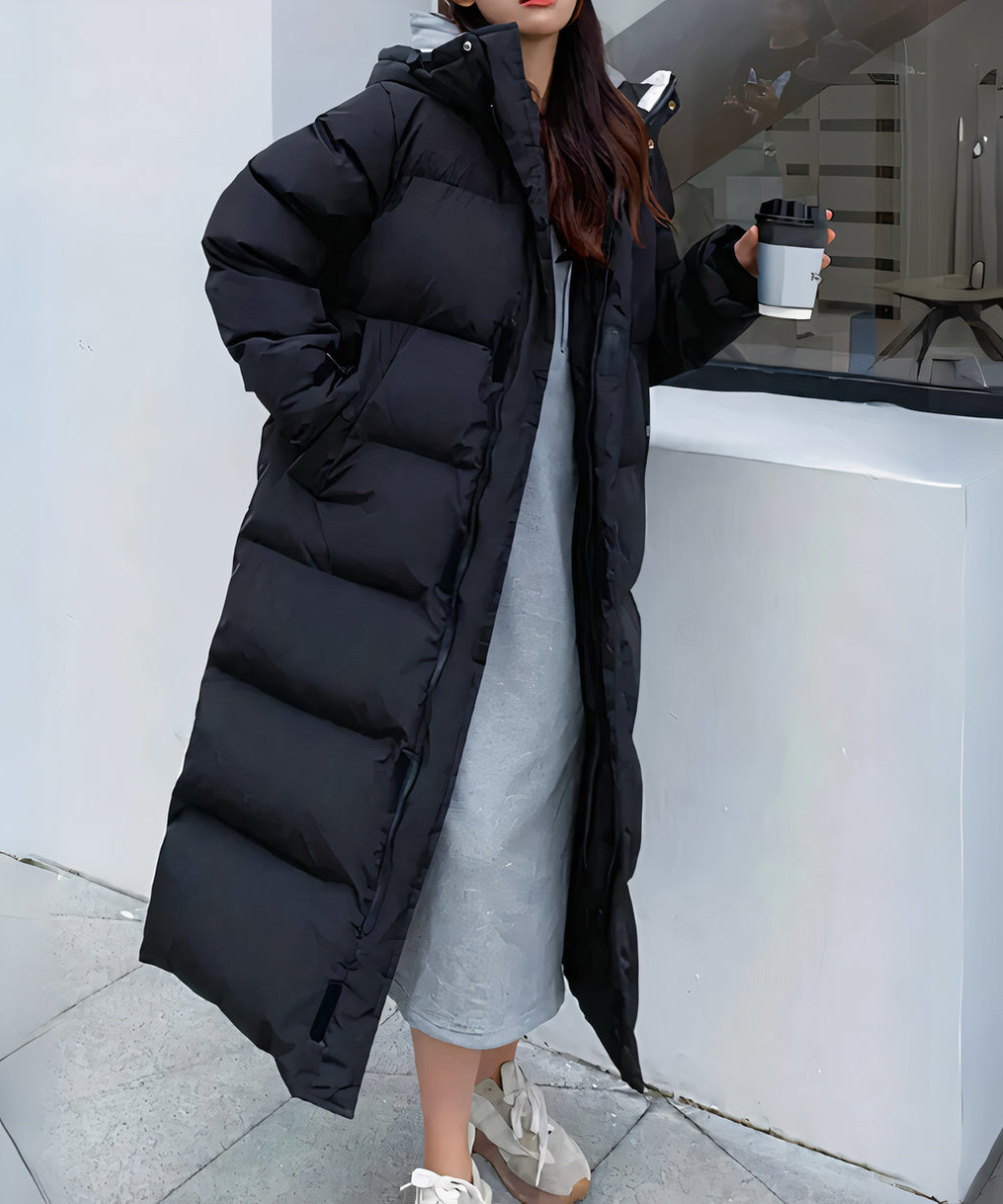 Grassington women's longline down puffer coat in Black – front view