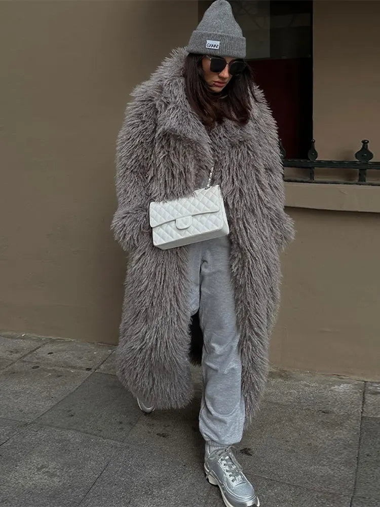 Morston women's longline plush coat in Grey – front view