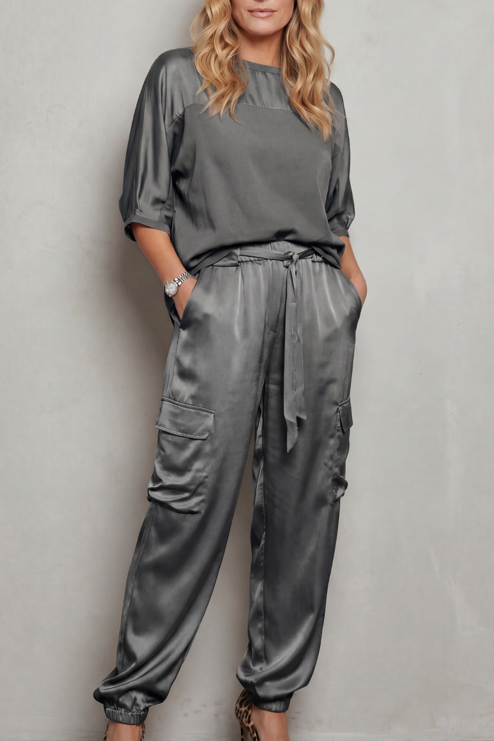 Women's Satin Top and Cargo Trouser Lounge Co-ord Set - Dulcienne