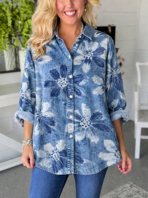 Women's Floral Print Denim-Look Relaxed Shirt Flora – Blue – on model