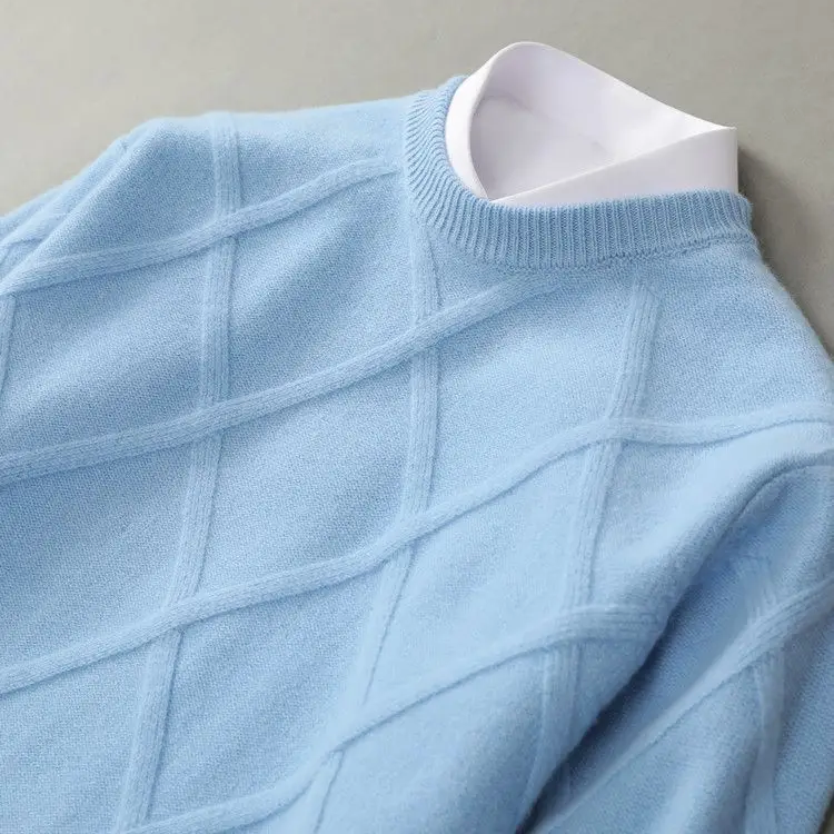 Light blue diamond knit crew neck jumper – close-up of ribbed neckline