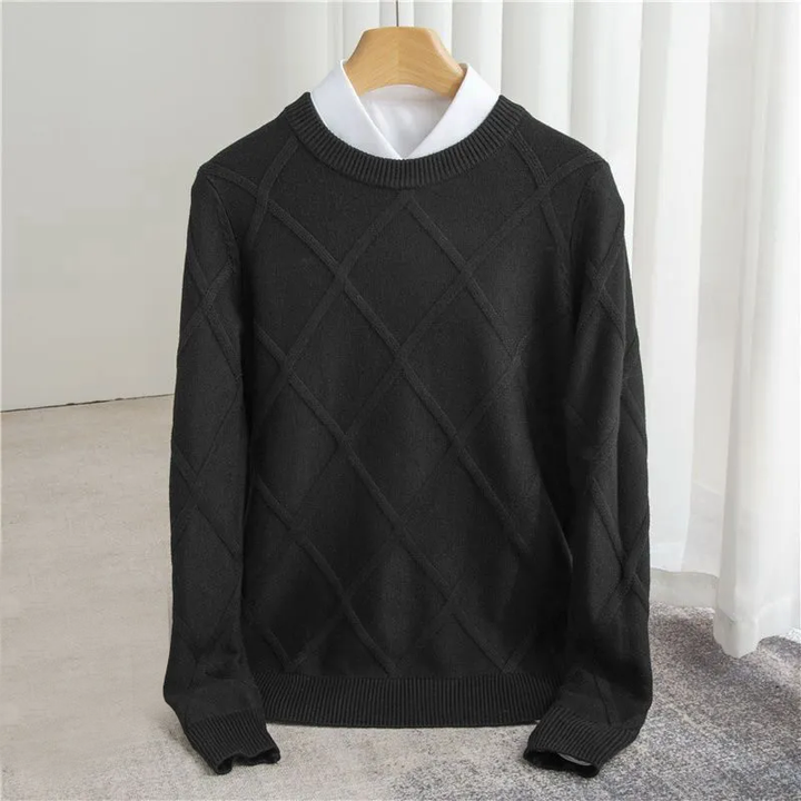 Men's black diamond knit crew neck jumper – front view on hanger