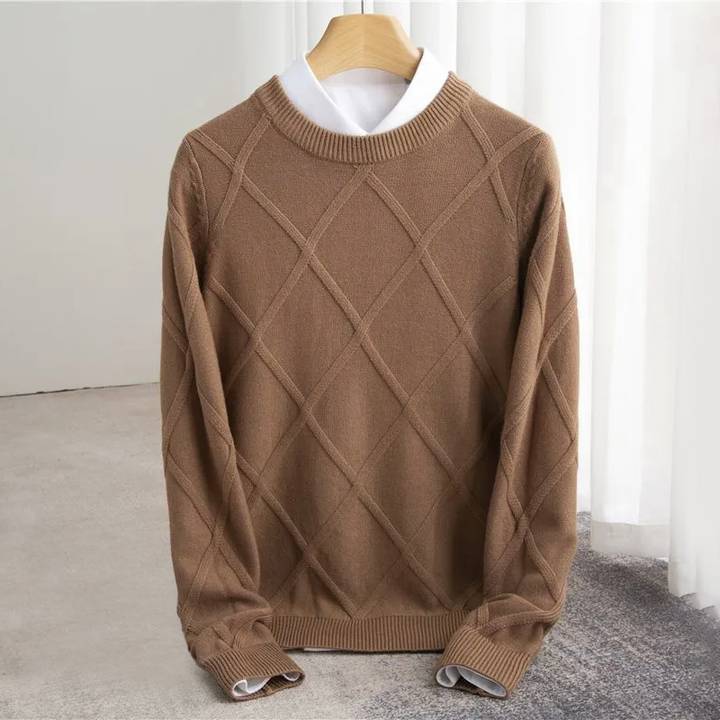 Men's brown diamond knit crew neck jumper – front view on hanger