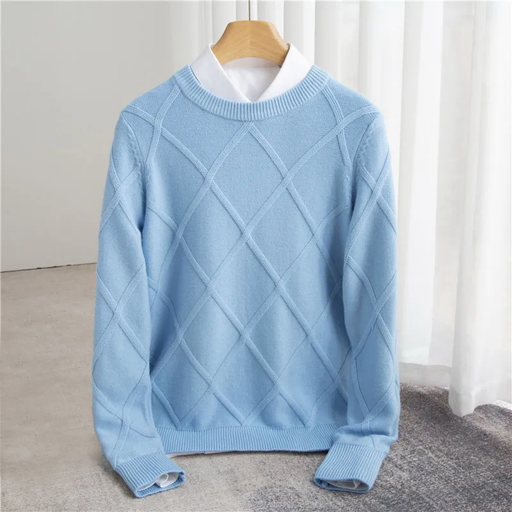 Men's light blue diamond knit crew neck jumper – front view on hanger