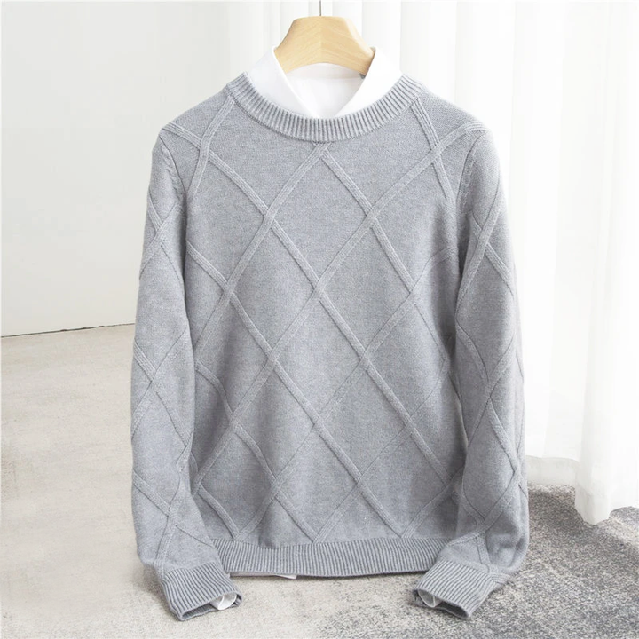 Men's grey diamond knit crew neck jumper – front view on hanger