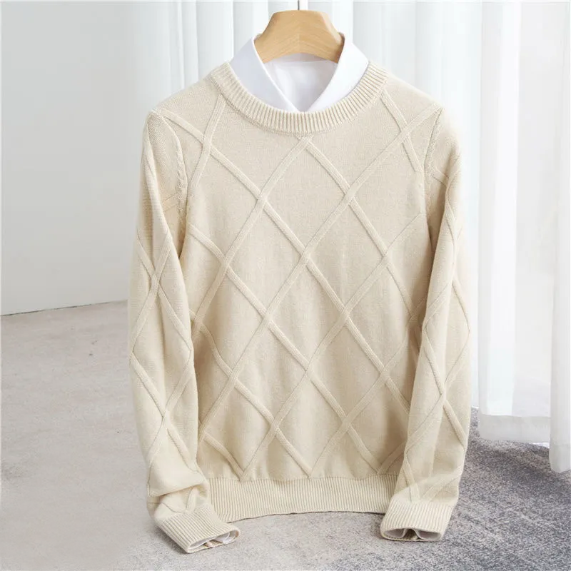 Men's beige diamond knit crew neck jumper – front view on hanger