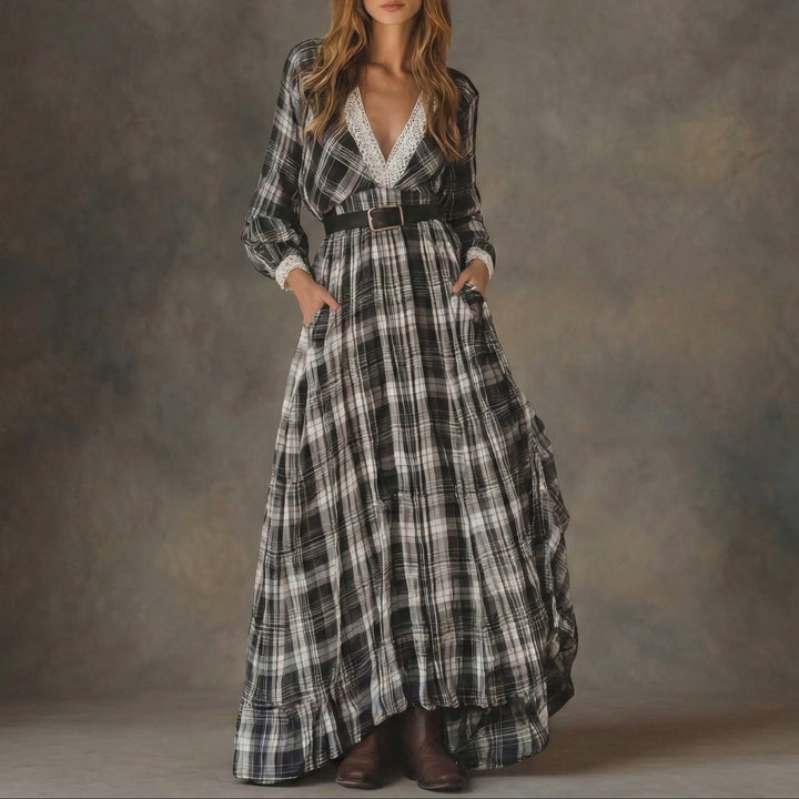 Marisela - Plaid maxi dress with belt