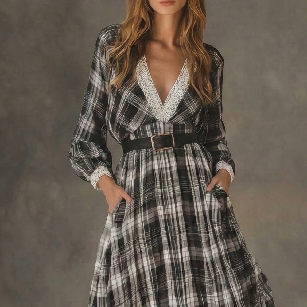 Marisela - Plaid maxi dress with belt