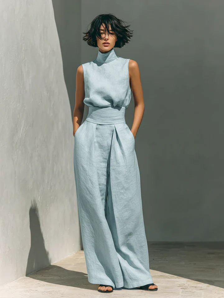 Flor™ | Minimalist Sleeveless Blouse and Wide-Leg Pants Cotton-Linen Set for Women