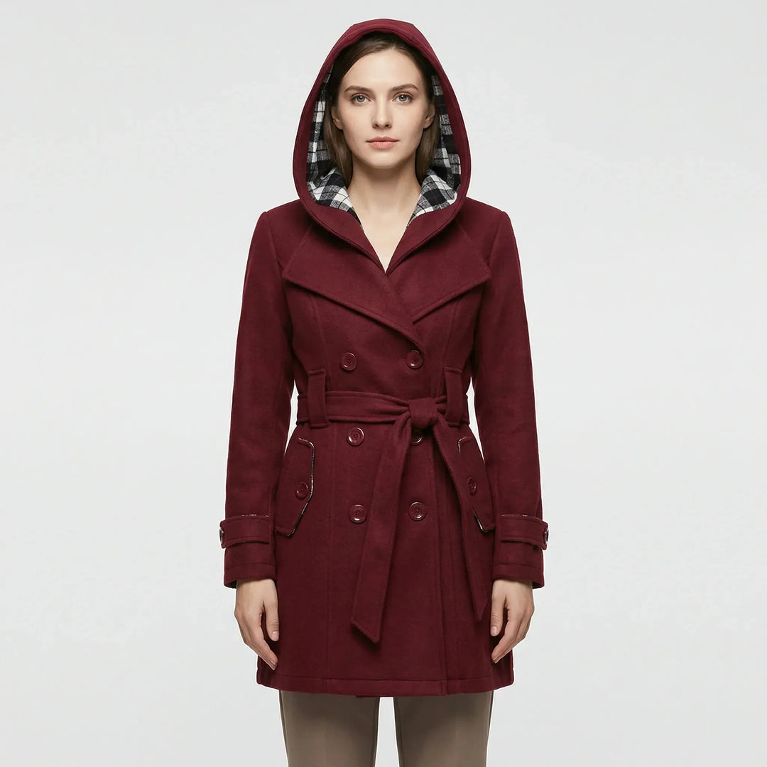 Women's hooded double breasted belted coat Carys in Burgundy – front view