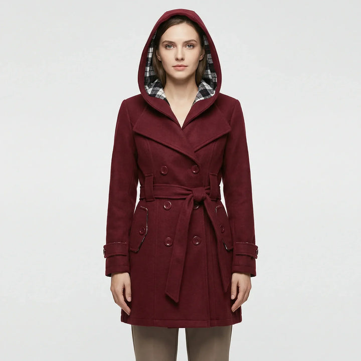 Women's hooded double breasted belted coat Carys in Burgundy – front view