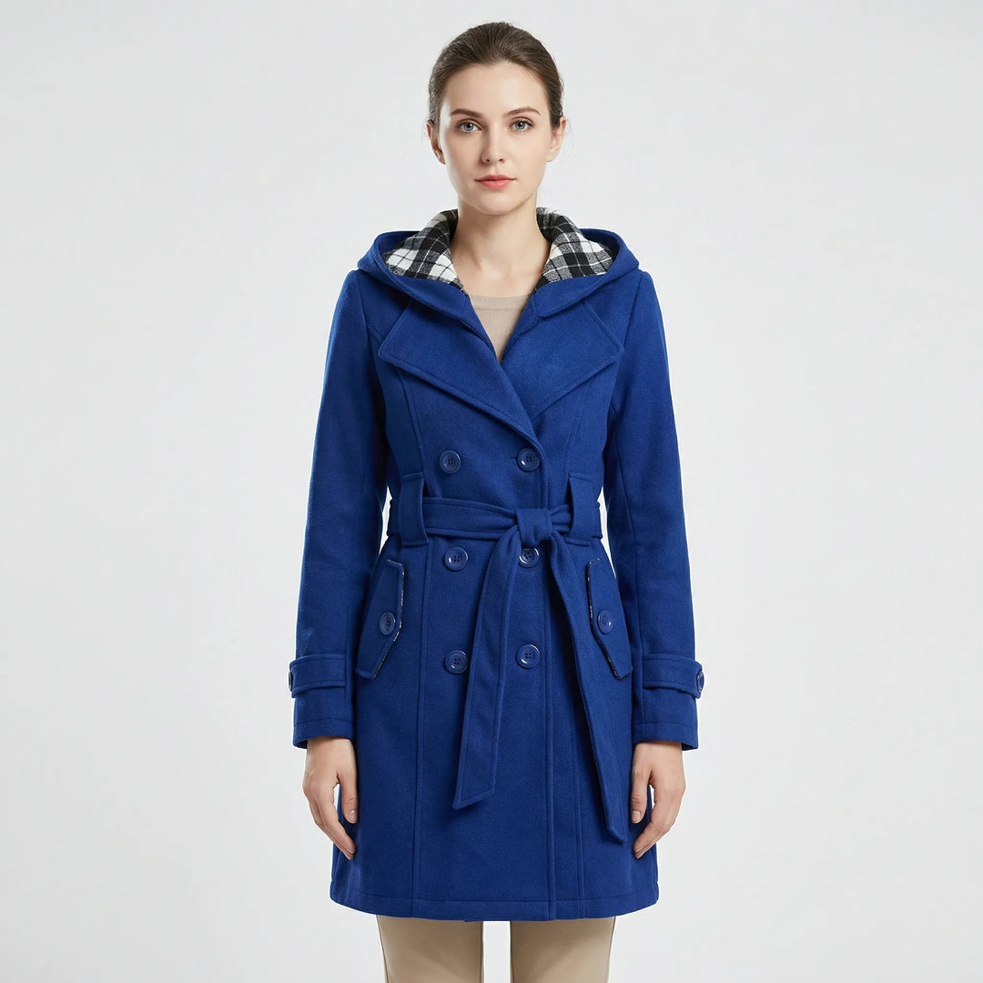 Women's hooded double breasted belted coat Carys in Blue – front view