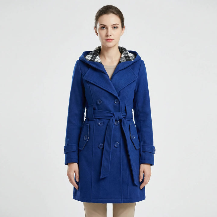 Women's hooded double breasted belted coat Carys in Blue – front view