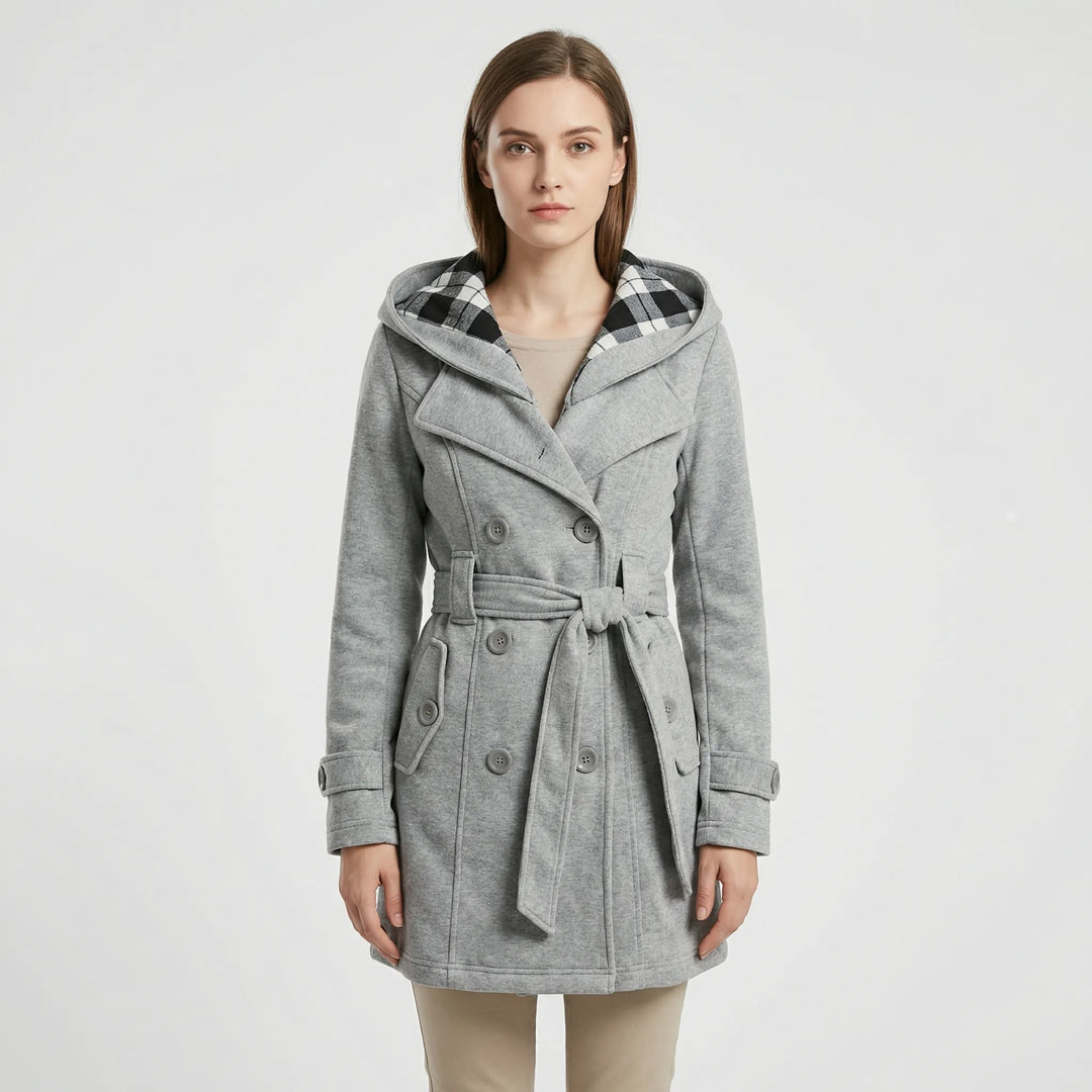 Women's hooded double breasted belted coat Carys in Grey – front view