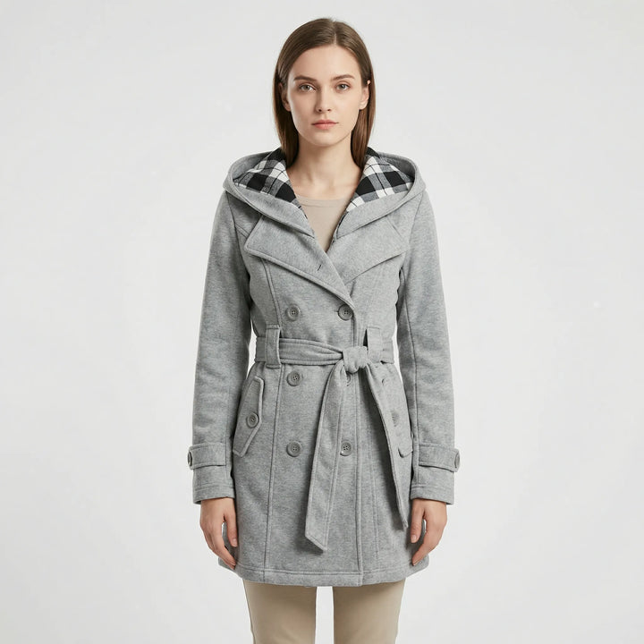 Women's hooded double breasted belted coat Carys in Grey – front view