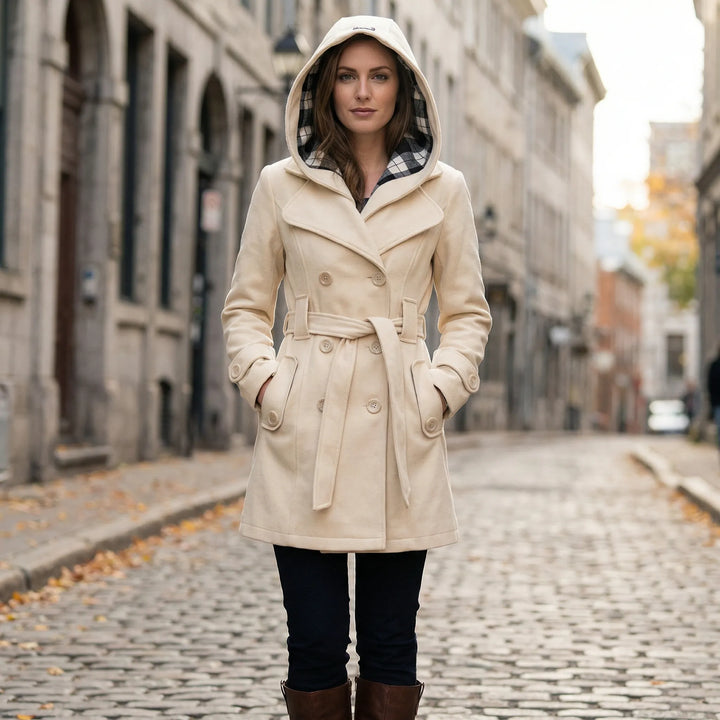 Women's hooded double breasted belted coat Carys in Beige – street style
