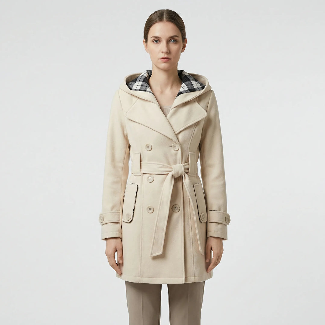 Women's hooded double breasted belted coat Carys in Beige – front view hood down