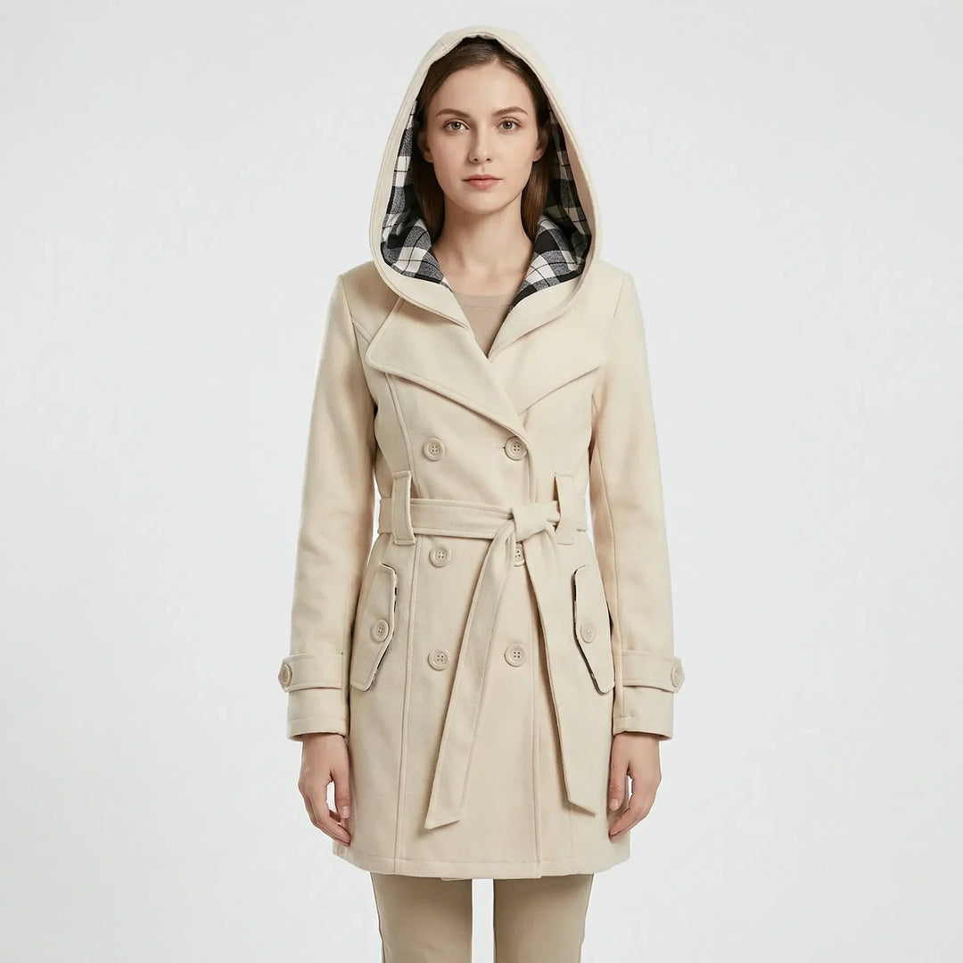 Women's hooded double breasted belted coat Carys in Beige – front view
