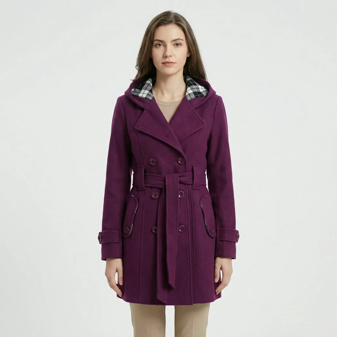 Women's hooded double breasted belted coat Carys in Purple – front view