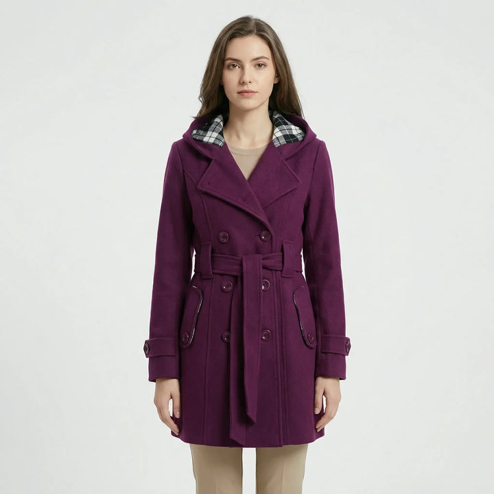 Women's hooded double breasted belted coat Carys in Purple – front view