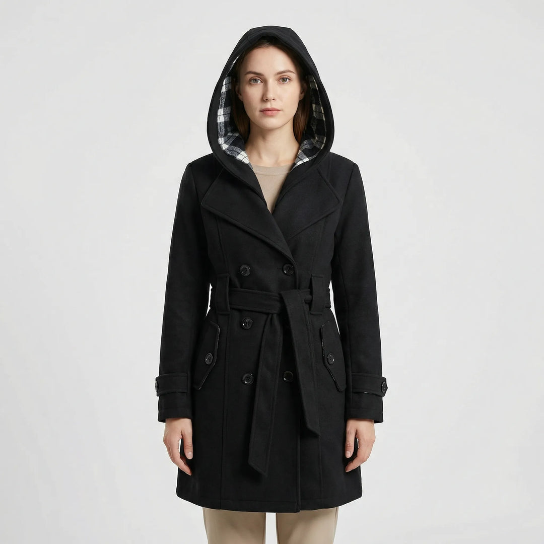 Women's hooded double breasted belted coat Carys in Black – front view