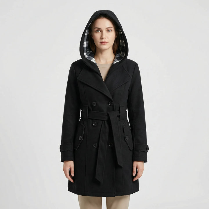 Women's hooded double breasted belted coat Carys in Black – front view