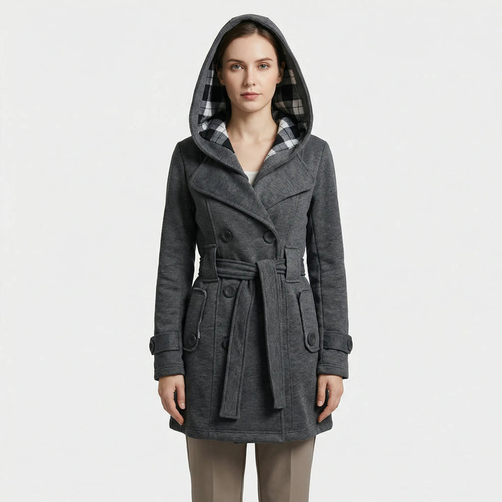 Women's hooded double breasted belted coat Carys in Dark Grey – front view