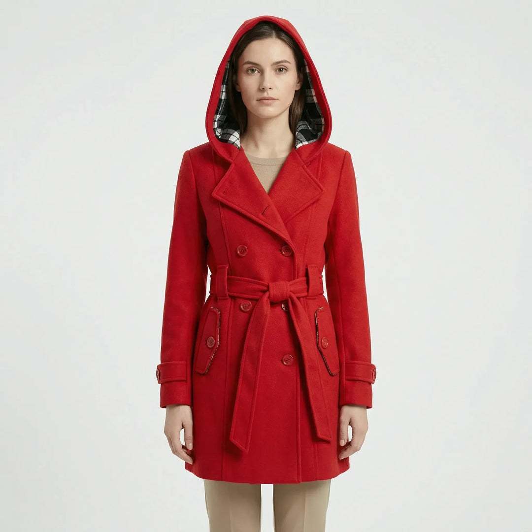 Women's hooded double breasted belted coat Carys in Red – front view