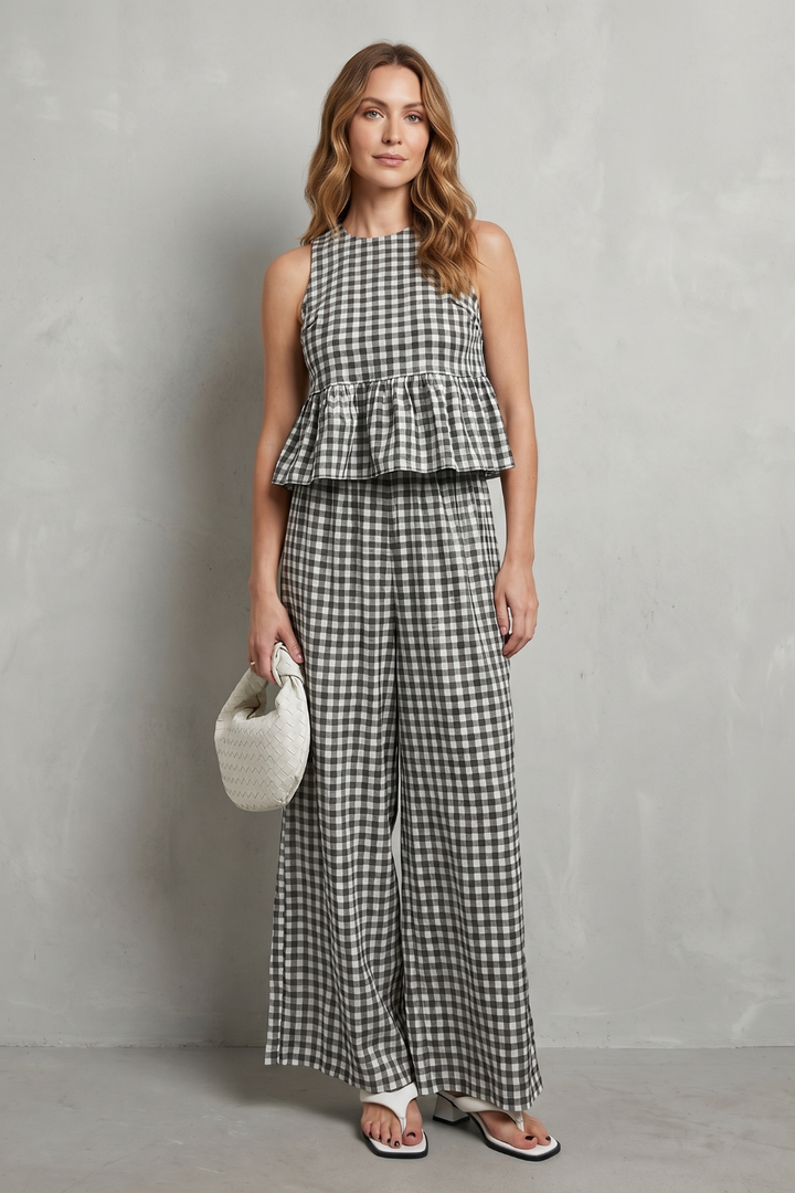 Women's Gingham Ruffle Top and Trouser Co-ord Set - Amaryse