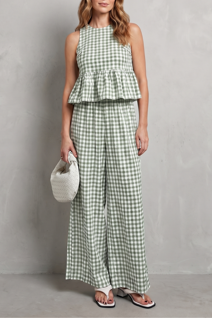 Women's Gingham Ruffle Top and Trouser Co-ord Set - Amaryse