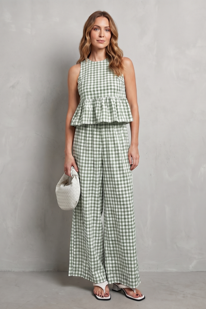 Women's Gingham Ruffle Top and Trouser Co-ord Set - Amaryse