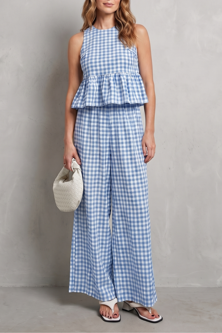 Women's Gingham Ruffle Top and Trouser Co-ord Set - Amaryse