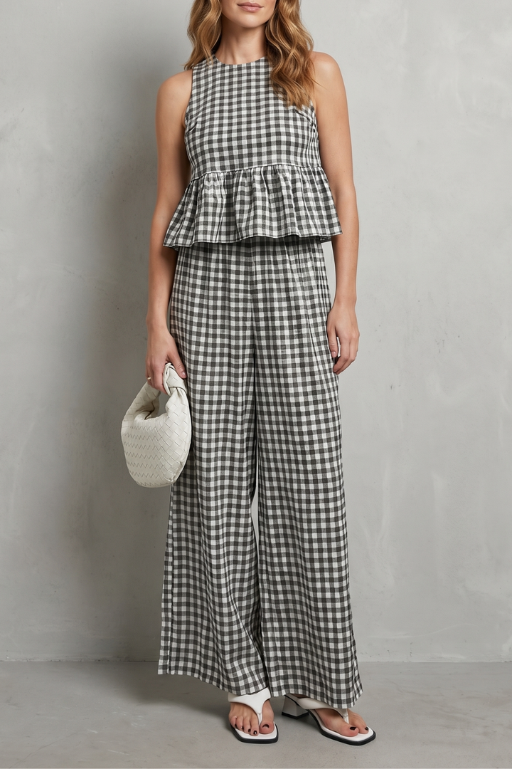Women's Gingham Ruffle Top and Trouser Co-ord Set - Amaryse