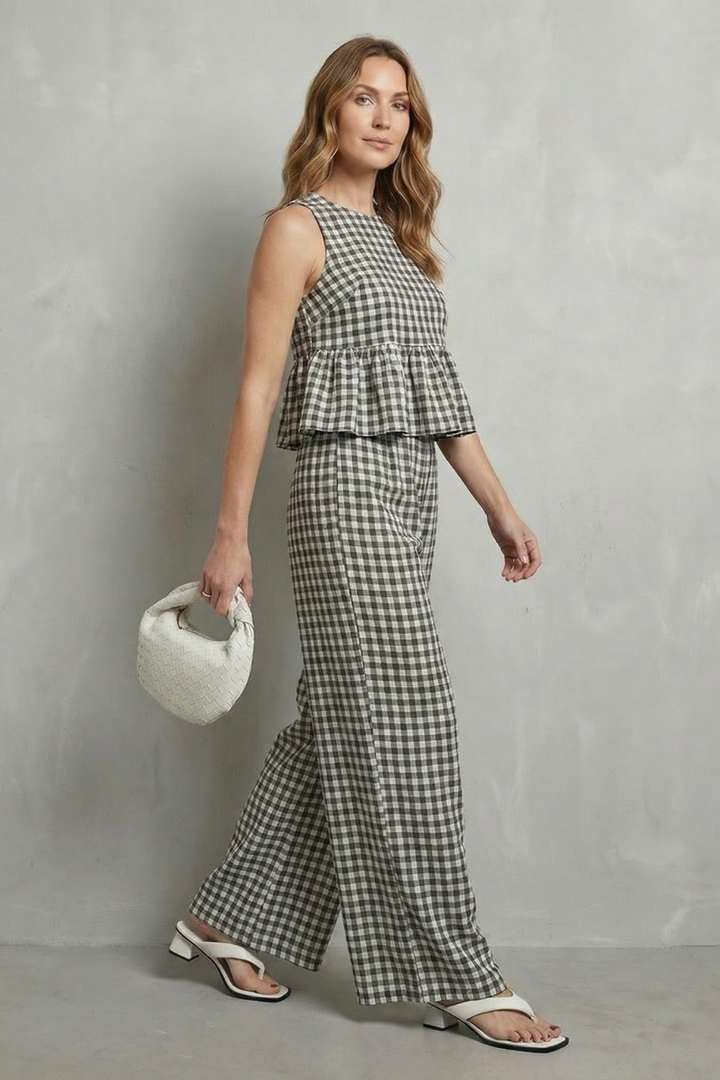 Women's Gingham Ruffle Top and Trouser Co-ord Set - Amaryse