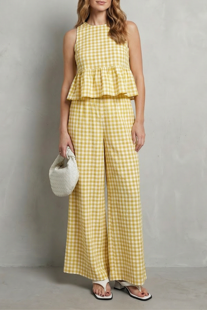 Women's Gingham Ruffle Top and Trouser Co-ord Set - Amaryse