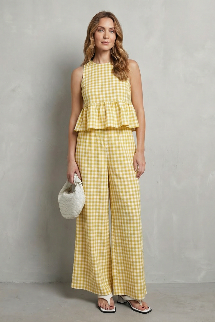 Women's Gingham Ruffle Top and Trouser Co-ord Set - Amaryse