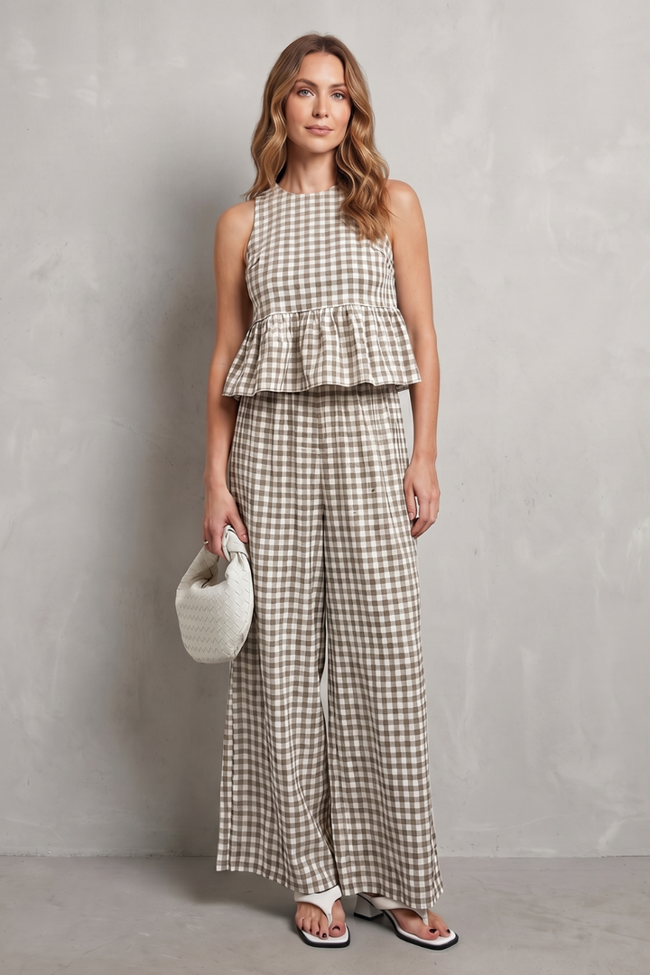 Women's Gingham Ruffle Top and Trouser Co-ord Set - Amaryse