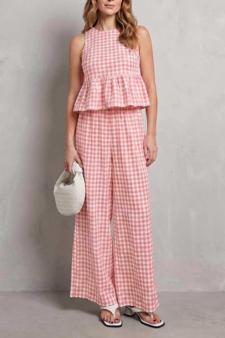 Women's Gingham Ruffle Top and Trouser Co-ord Set - Amaryse