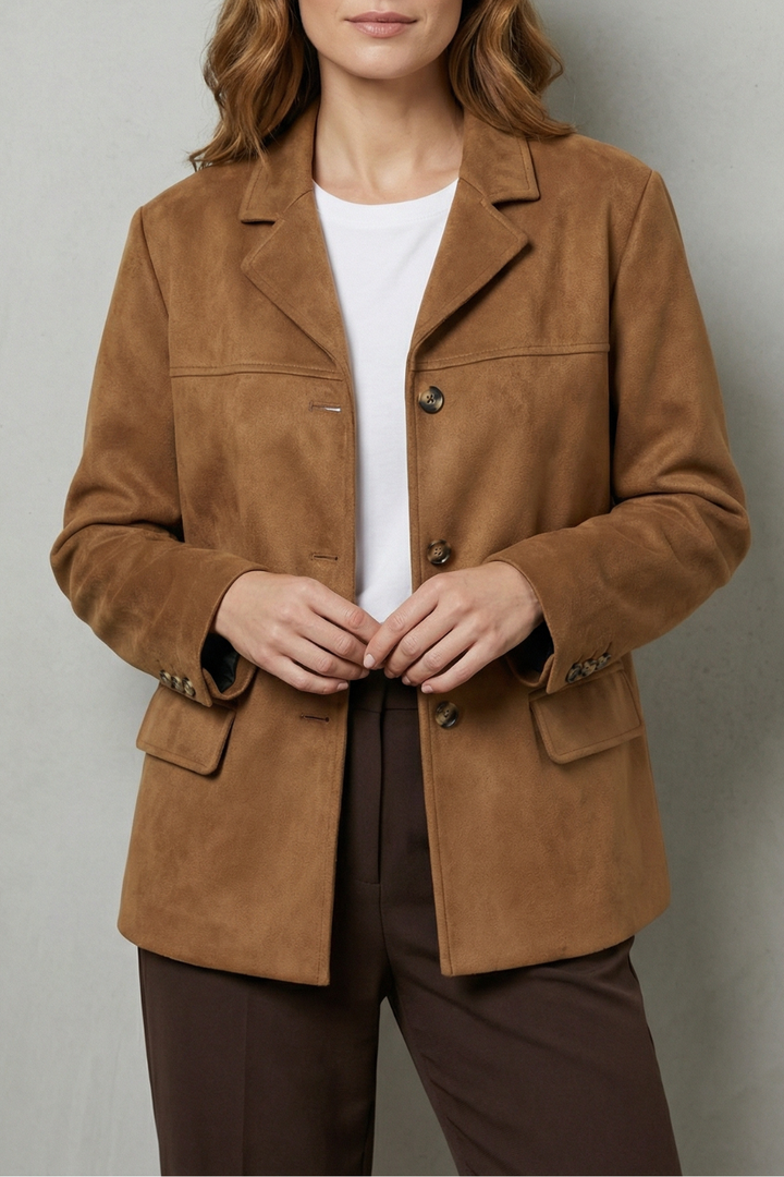 Women's Faux Suede Blazer with Flap Pockets - Wisterelle