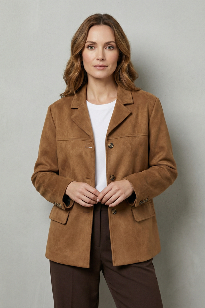 Women's Faux Suede Blazer with Flap Pockets - Wisterelle