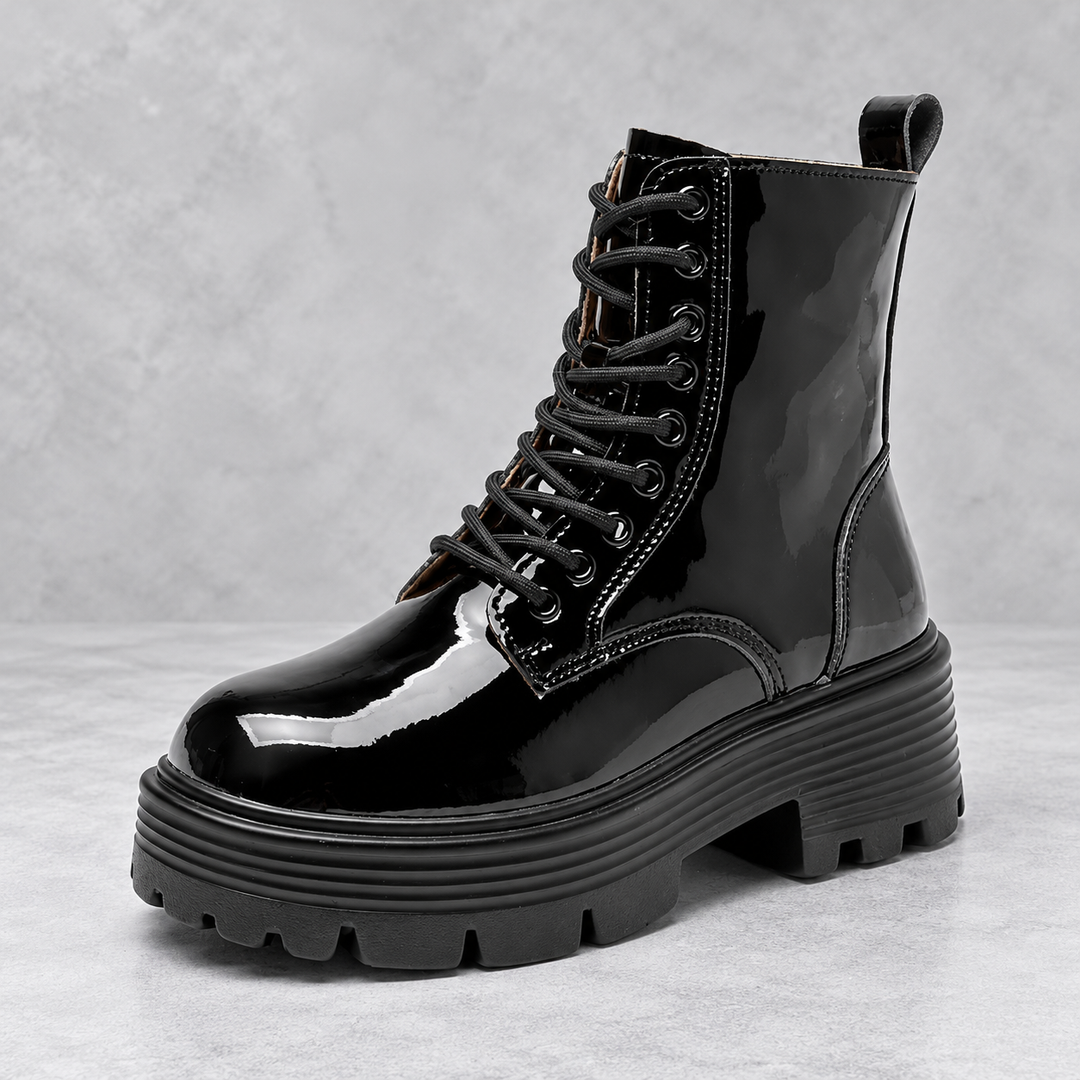 Women's Patent Platform Combat Boots - Brielle in Black – side view