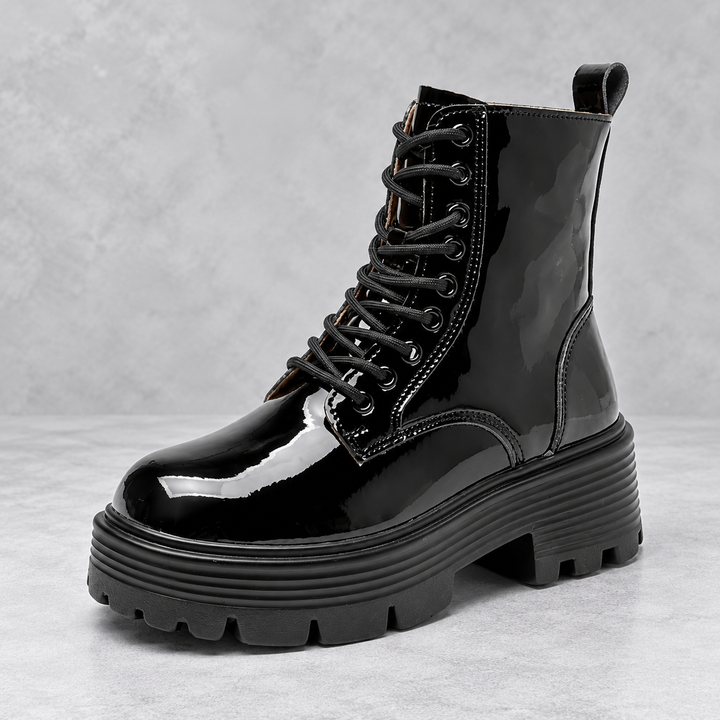 Women's Patent Platform Combat Boots - Brielle in Black – side view