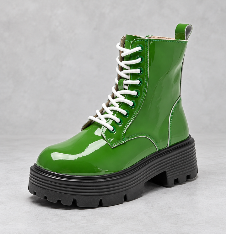 Women's Patent Platform Combat Boots - Brielle in Green – side view