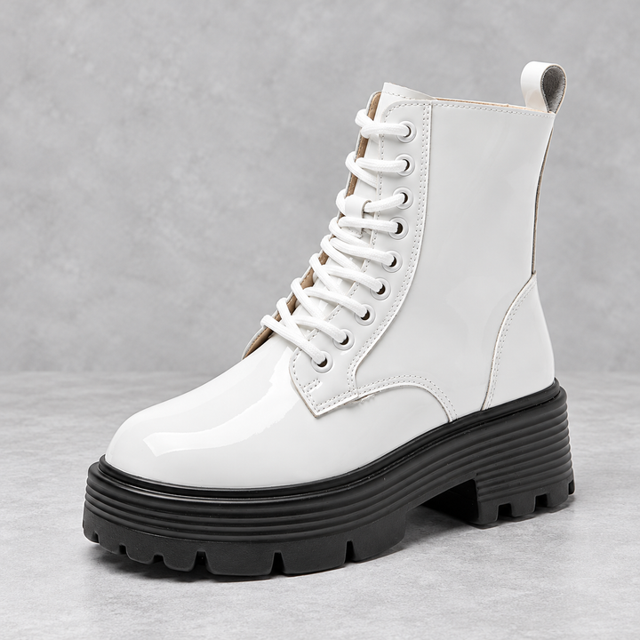 Women's Patent Platform Combat Boots - Brielle in White – side view