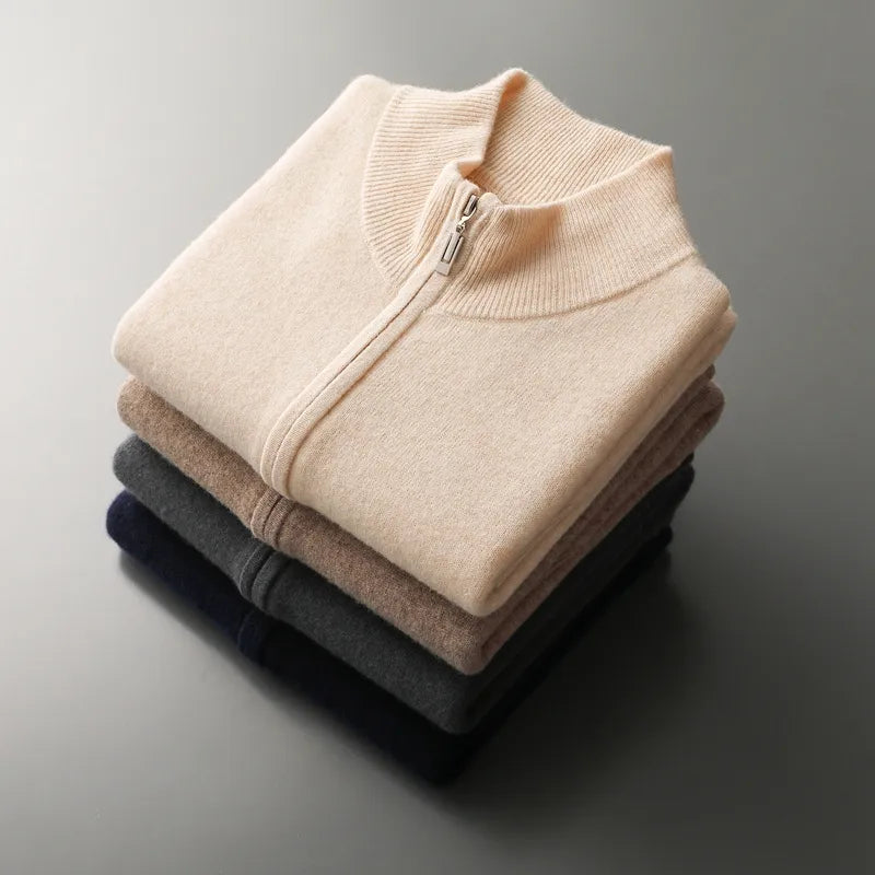 Stack of ribbed knit zip cardigans in beige, camel, charcoal and navy
