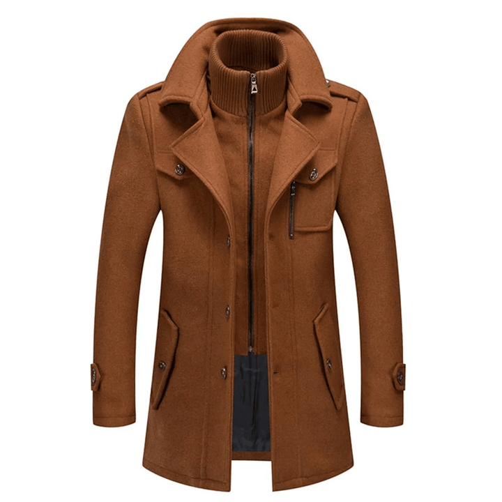 Men's 2-in-1 overcoat with zip bib collar Calder in Brown – front view