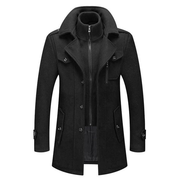 Men's 2-in-1 overcoat with zip bib collar Calder in Black – front view